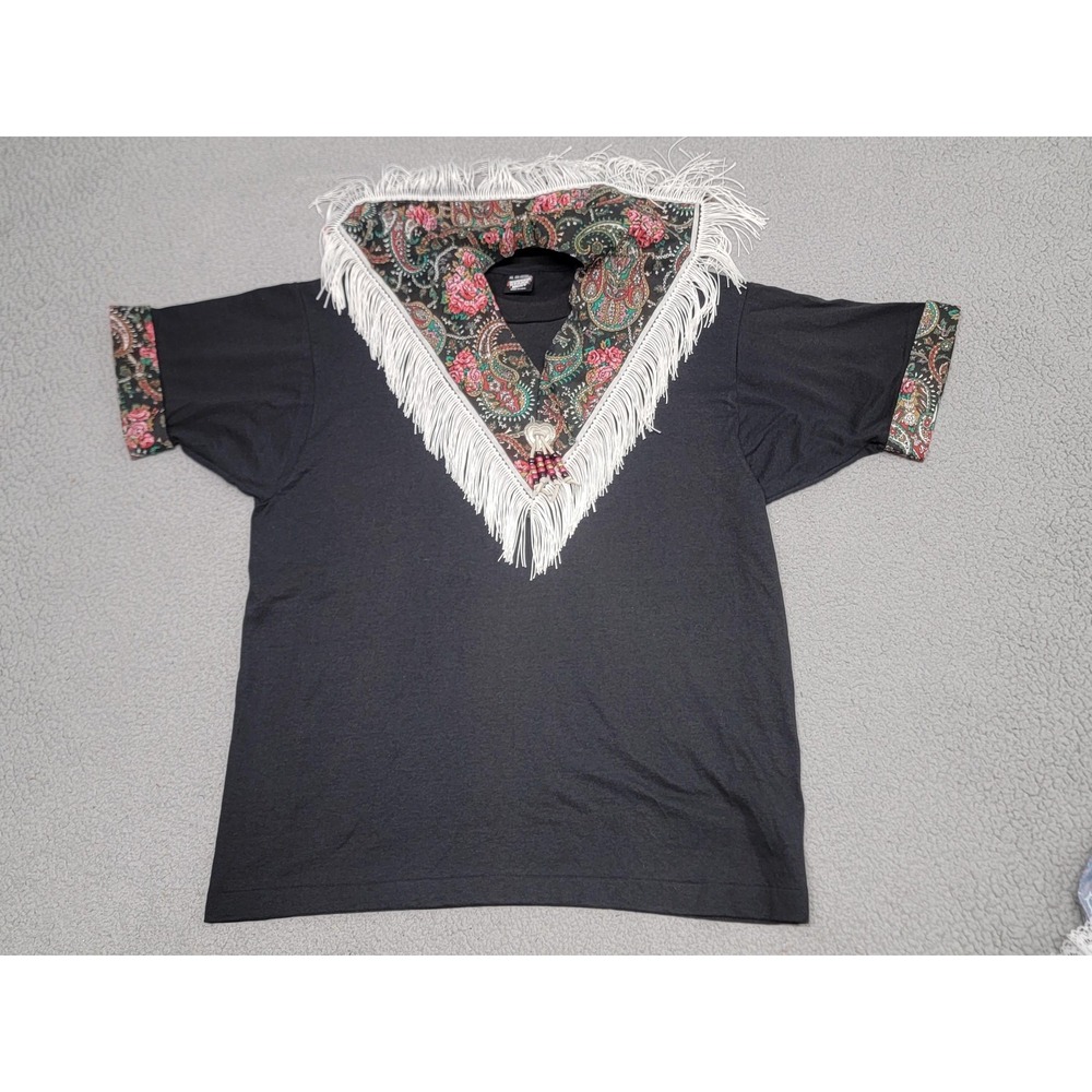 Vintage Screen Stars Shirt Western Fringe Set Womens XL Black Paisley Beaded 80s